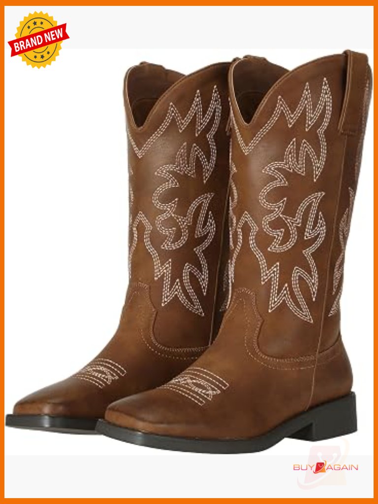 Embroidered Square Toe Mid Calf Cowboy Boots Chunky Heel Pull On
